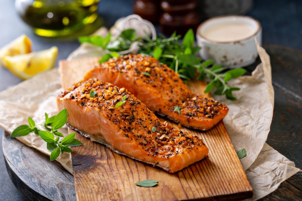 Herb-crusted baked salmon with garlic and spices